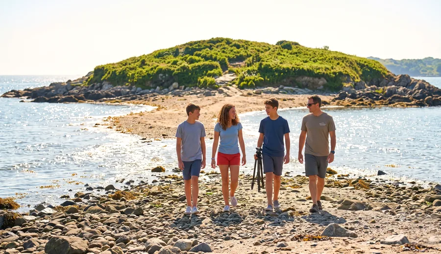 Campers walking the causeway toward the island at low tide