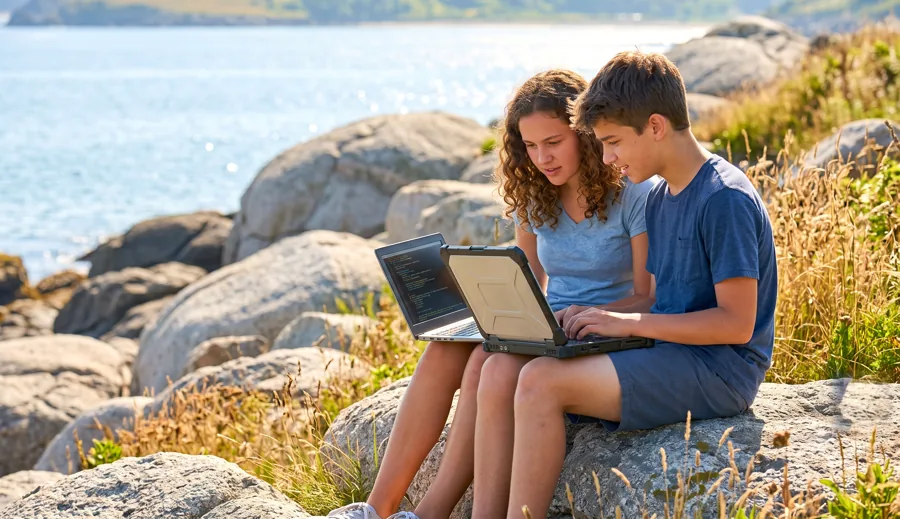 Two teens coding together on the rocks by the water