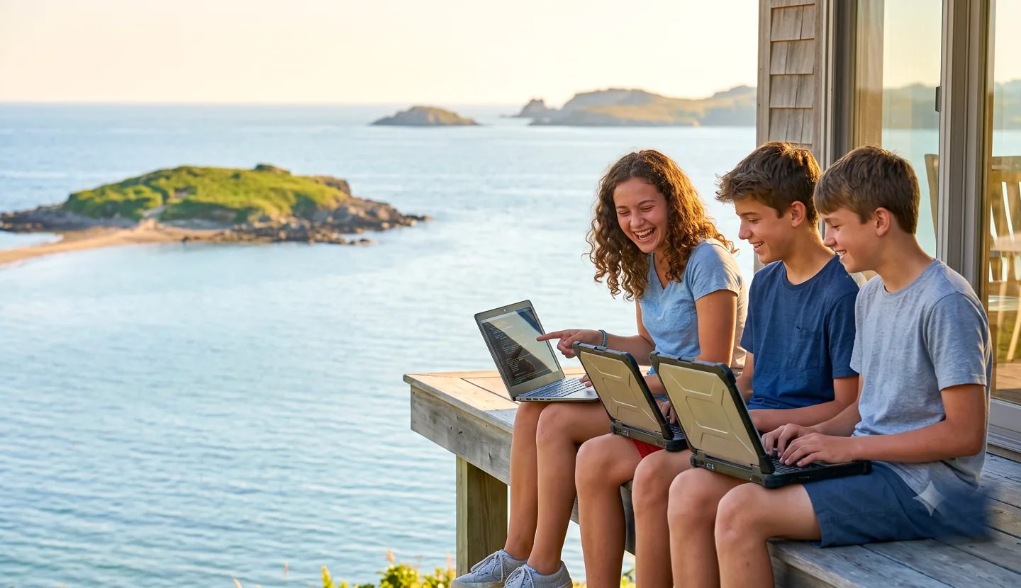 Three teenagers laughing while coding on laptops on a sunny deck by the sea, a small tidal island behind them.